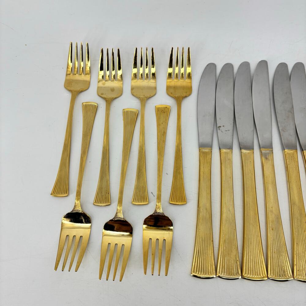 Golden Barclay Gold Tone Flatware 25 Pcs Hollywood Regency Fork Spoon - Picture 9 of 10